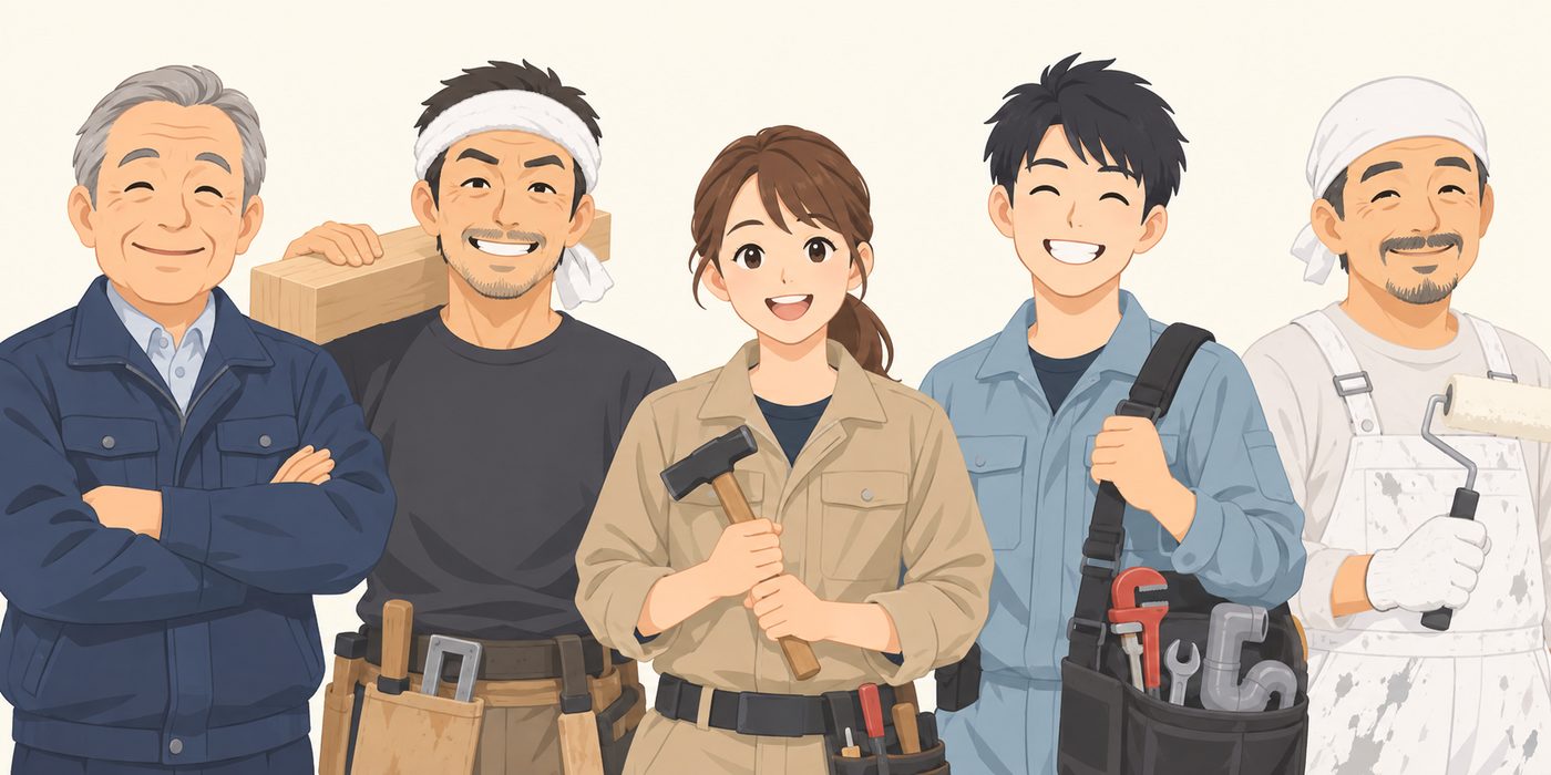 代表と職人4人のイラスト